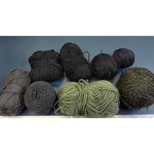Lot 8 Balls Yarn Black Gray Greens Unbranded Various Fibers
